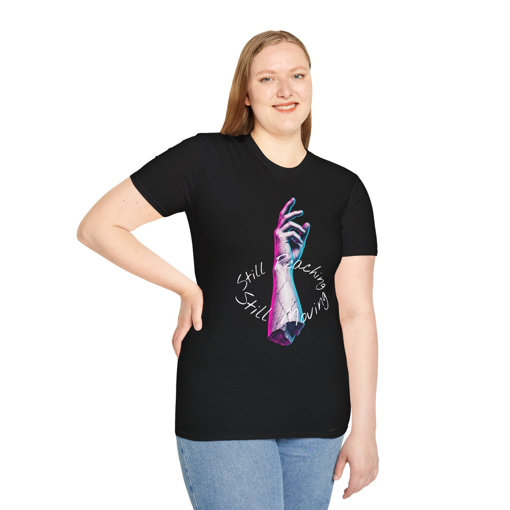 T-Shirt — "Still Reaching, Still Growing" Neon Hand Graphic