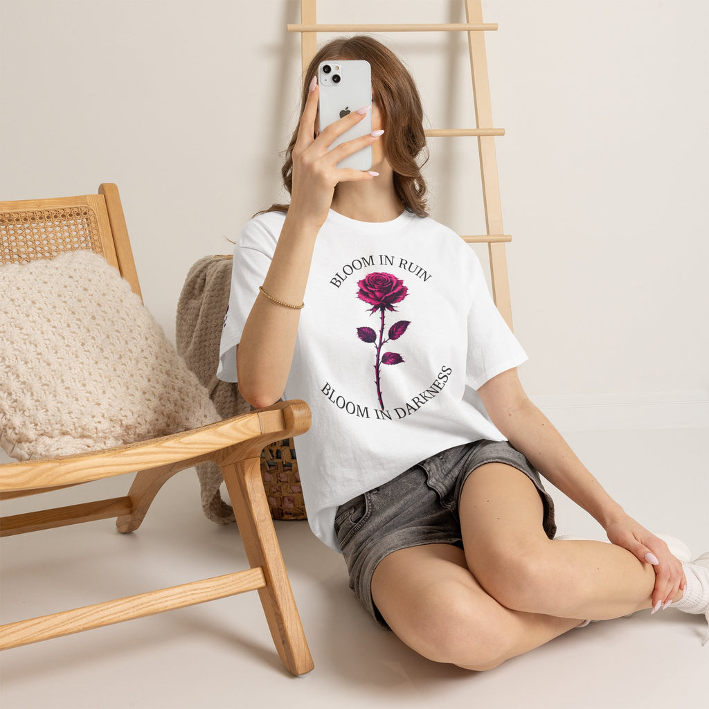 Bloom in Darkness Rose T-Shirt — Gothic Floral Tee with 'Bloom in Ruin'  'Bloom in Darkness'